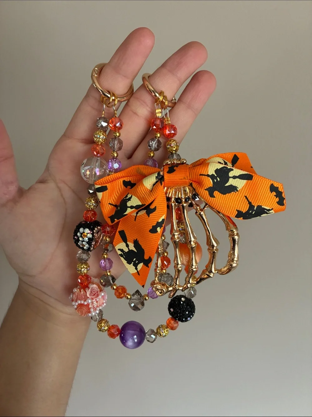 Orange Halloween Bow Beaded Keychain Bag Charm